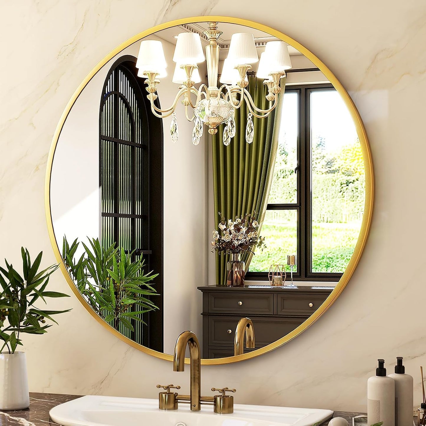 round Mirror 19.6 Gold Wall Mounted Circle Mirrors Vanity Mirror with Brushed Aluminum Alloy Frame Modern Decoration for Bathroom, Living Room, Vanity, Bedroom, Entryway