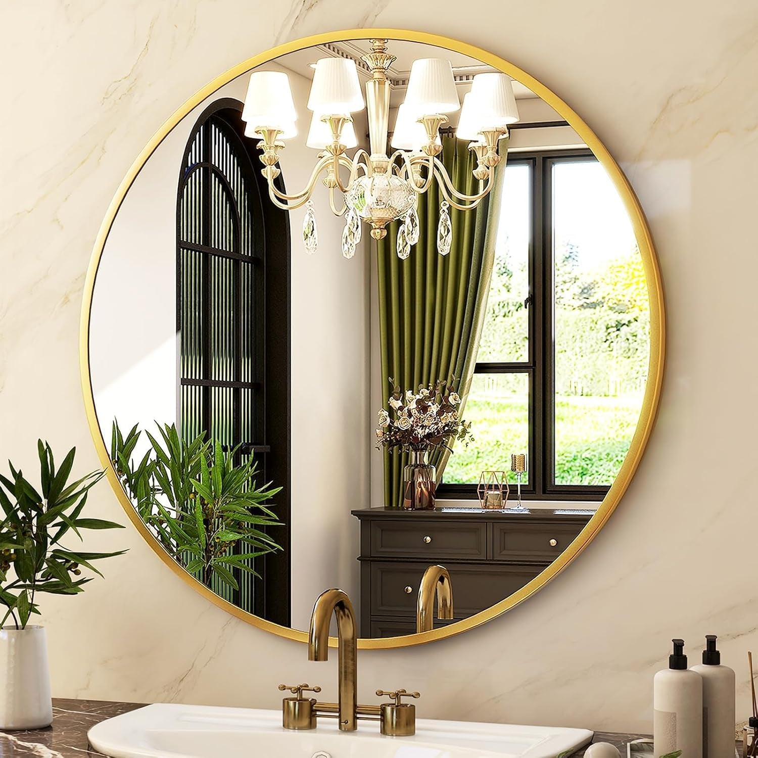 round Mirror 19.6 Gold Wall Mounted Circle Mirrors Vanity Mirror with Brushed Aluminum Alloy Frame Modern Decoration for Bathroom, Living Room, Vanity, Bedroom, Entryway