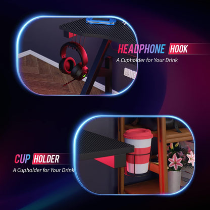 | 47" Gaming Desk | Red | Carbon Fiber Textured Computer Desk | Sturdy Steel Frame, Cup Holder, Headphone Hook, Cable Management Holes, Adjustable Leg Pads | for Gamers, Home, Office