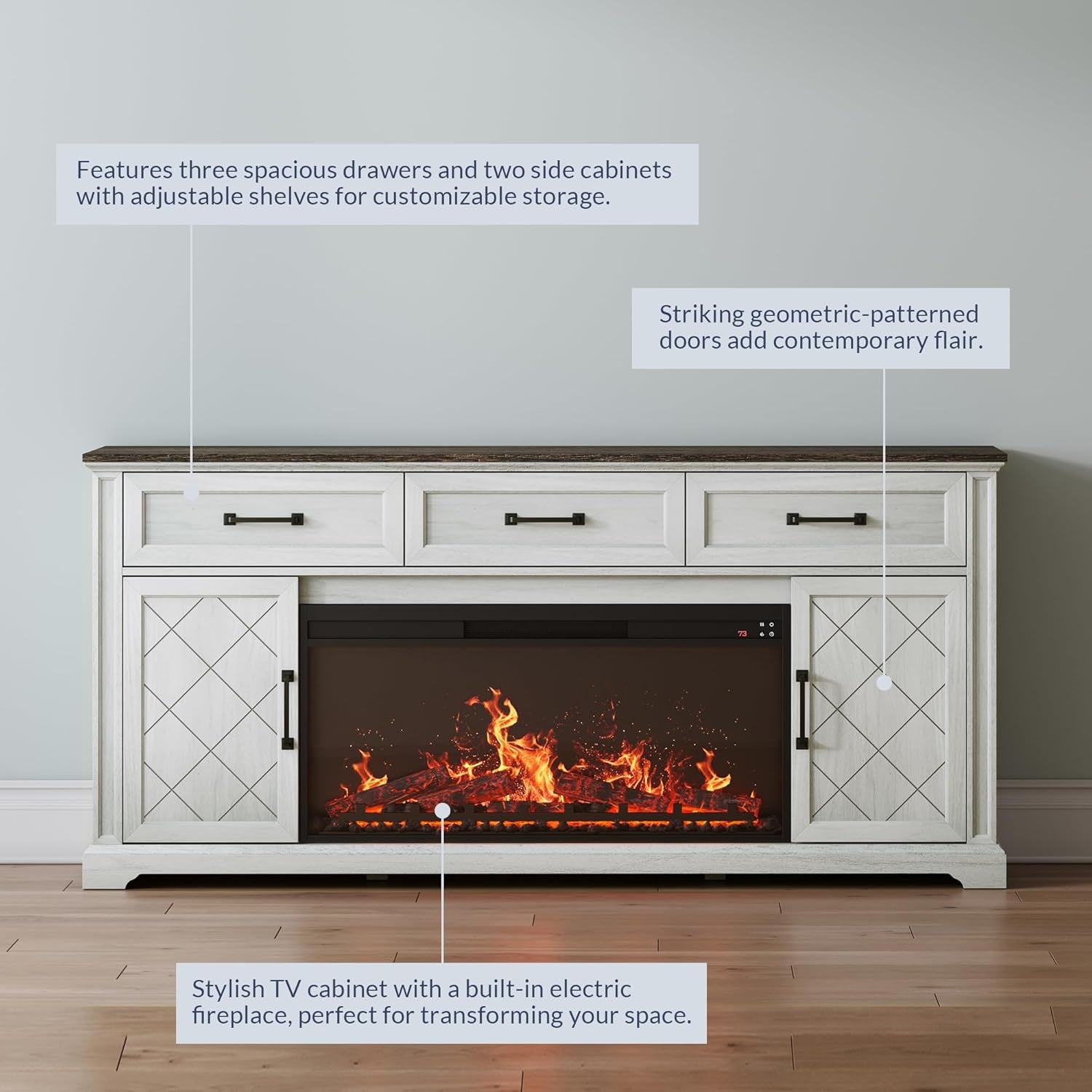 68" Farmhouse TV Stand with Electric Fireplace & Crackling Sound, Media Console with Storage Cabinets & 3 Drawers for Tvs up to 75", Rustic Entertainment Center for Living Room(White)