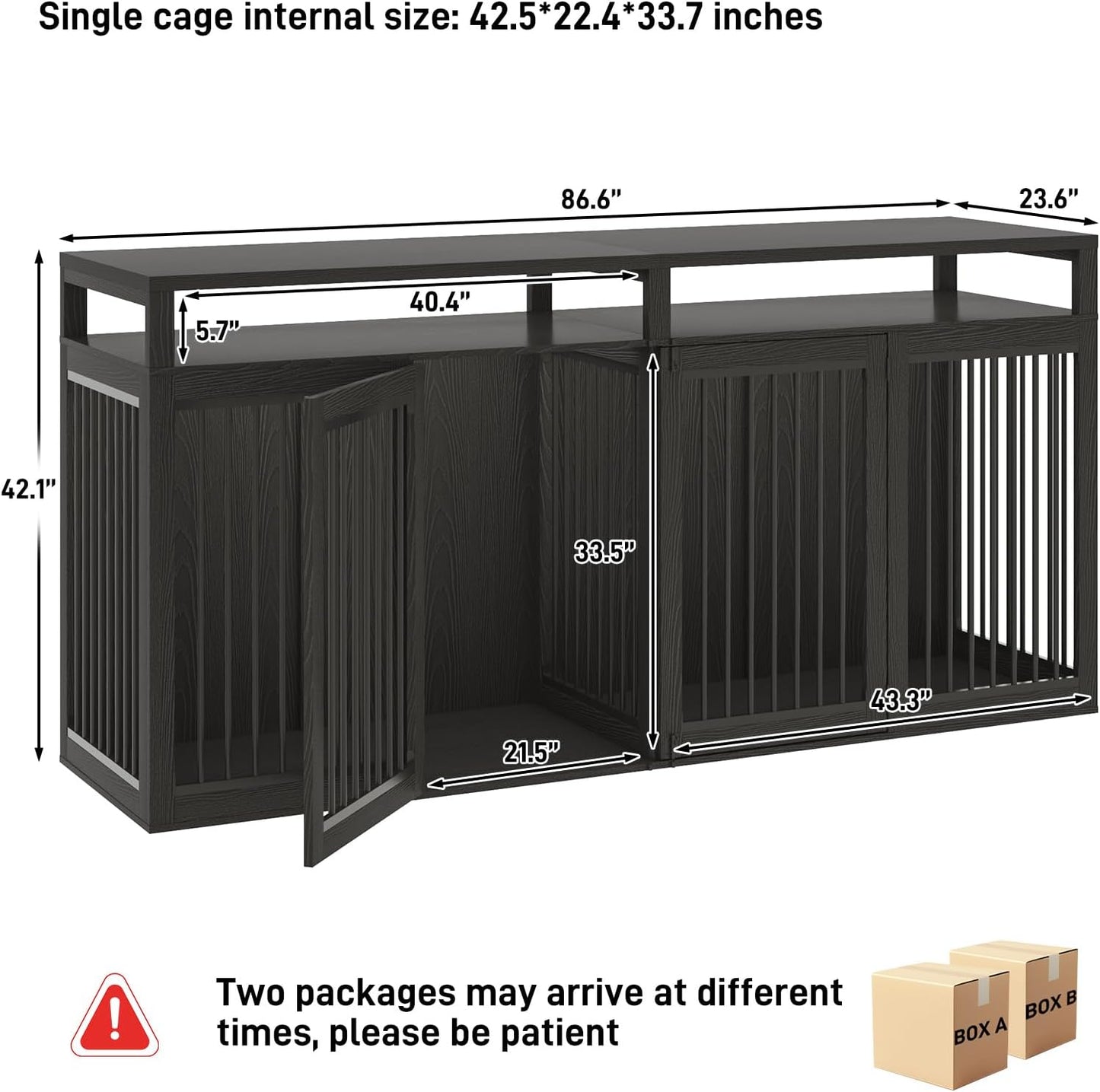 87In Farmhouse Dog Crate TV Stand, Wooden Dog Kennel Furniture with 2 Doors, Large Dog Crate Furniture for 2 Dogs, Solid Metal Tube & 4 Lockable Doors, Grey