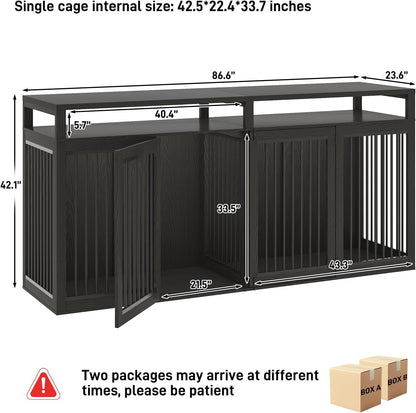 87In Farmhouse Dog Crate TV Stand, Wooden Dog Kennel Furniture with 2 Doors, Large Dog Crate Furniture for 2 Dogs, Solid Metal Tube & 4 Lockable Doors, White