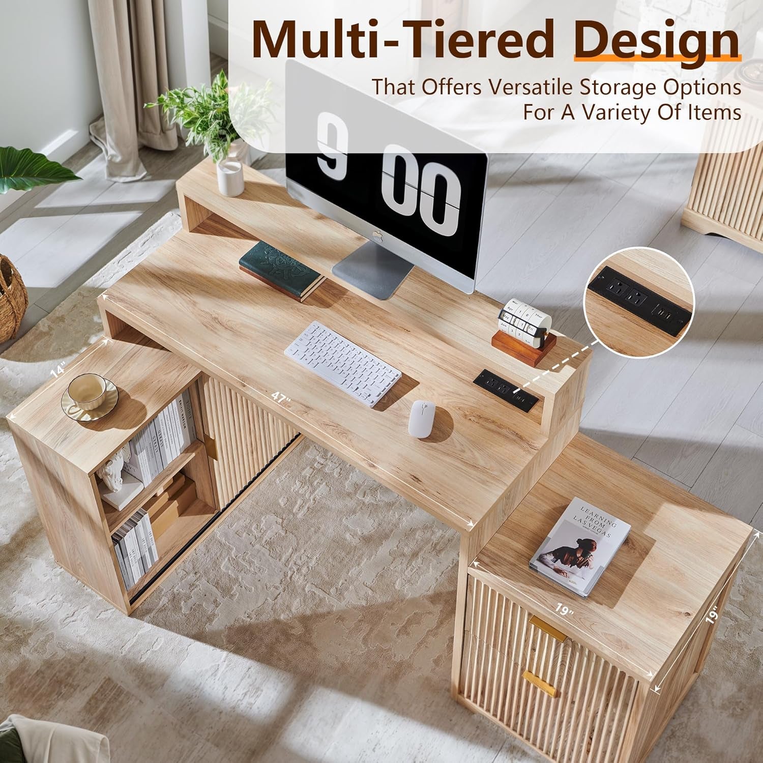 67" Modern L Shaped Desk with Storage Cabinet & Drawers, Wood Home Office Desk with Power Outlets, Fluted Computer Writing Desk, Natural Oak