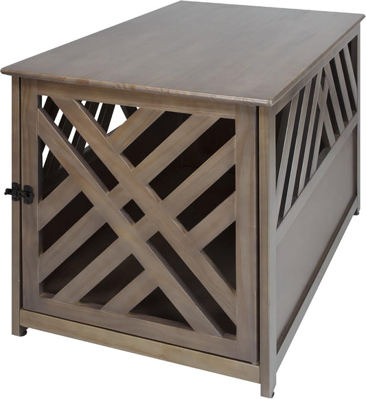 Wooden Lattice Pet Crate, End Table, Taupe Gray