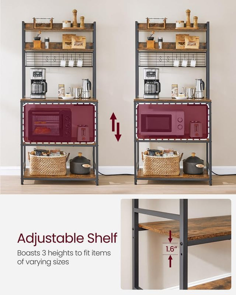 Hutch Bakers Rack with Power Outlet, 14 Hooks Microwave Stand, Adjustable Coffee Bar with Metal Wire Panel, Kitchen Storage Shelf, 15.7 X 31.5 X 66.9 Inches, Rustic Walnut and White UKKS025W41