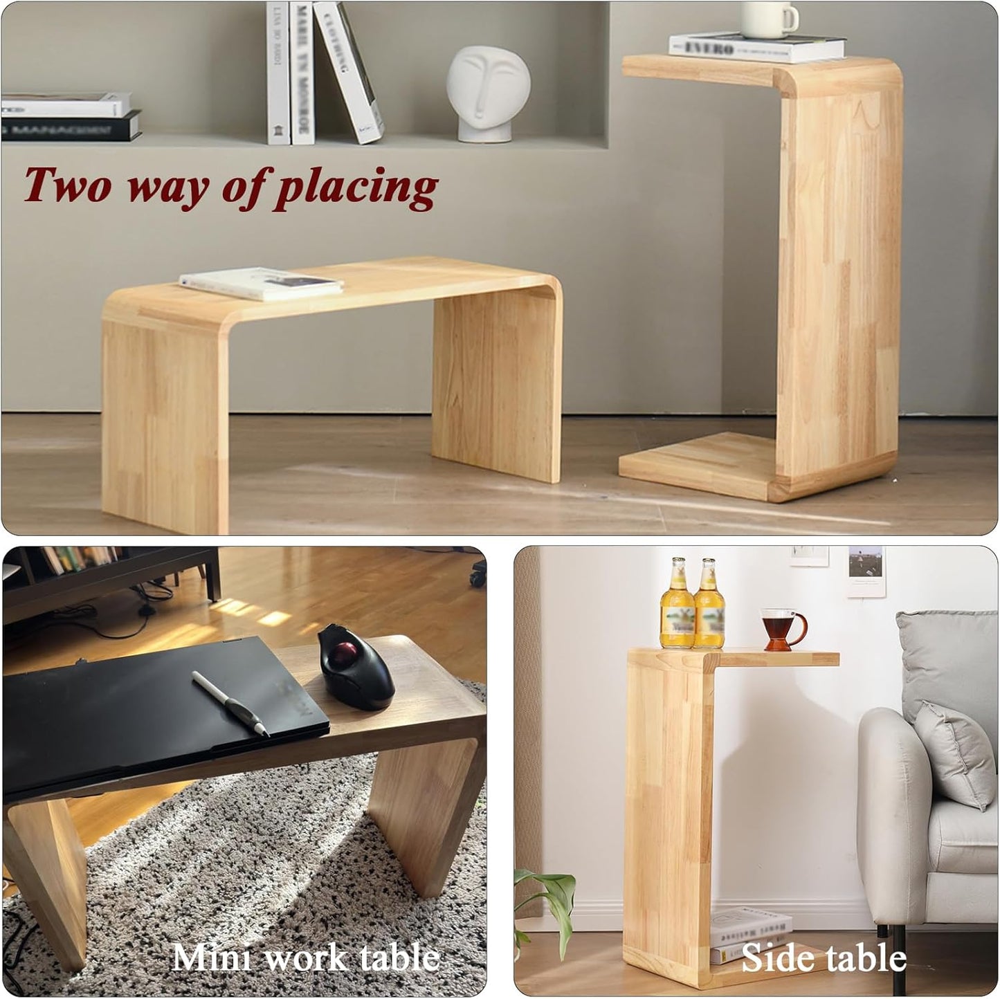 C-Shaped Side Table, Solid Wood End Table for Couch Sofa and Bed, Wooden C Tables for Living Room Bedroom, Small Snack Tray Table for Space Saving (1, 27.2" H-Brown)