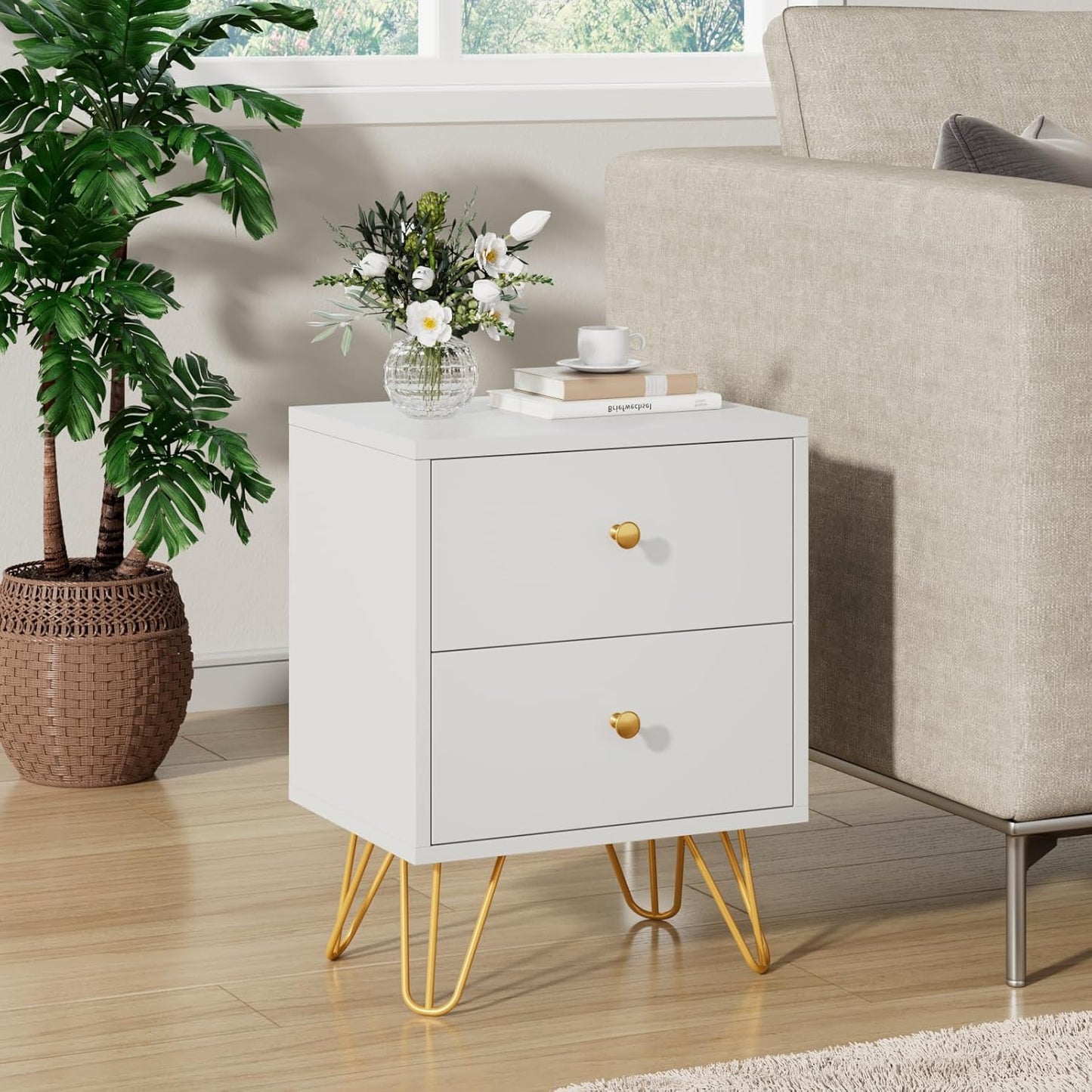 Nightstand Set of 2, End Side Table Double, Bedside Table with 2 Drawers, Dual Night Stand Metal Legs and Knobs for Bedroom Living Room (White)