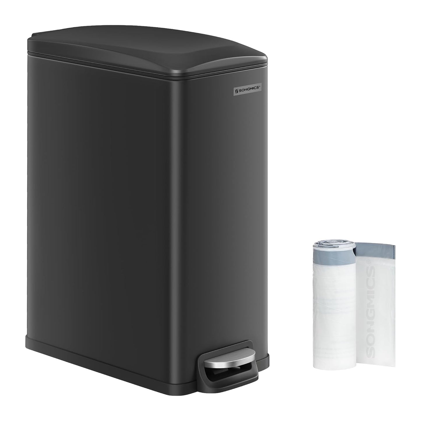 Slim Trash Can, 13-Gallon (50 L) Garbage Can for Narrow Spaces with Soft-Close Lid, Inner Bucket, and Step-On Pedal, Stainless Steel, 15 Trash Bags Included, Black ULTB510B48