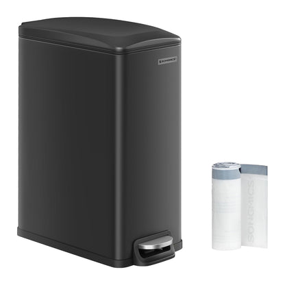 Slim Trash Can, 13-Gallon (50 L) Garbage Can for Narrow Spaces with Soft-Close Lid, Inner Bucket, and Step-On Pedal, Stainless Steel, 15 Trash Bags Included, Black ULTB510B48