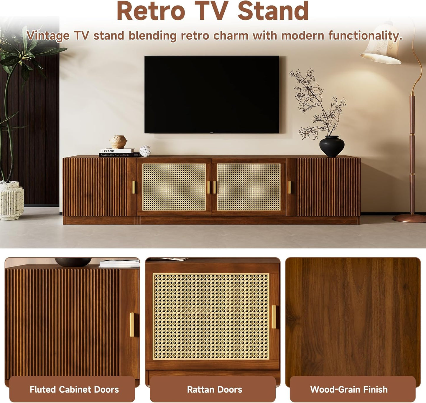 Mid-Century Modern TV Stand with Fluted & Rattan Doors, 78" Media Console for Tvs up to 85", Rattan Entertainment Center with Storage & Adjustable Shelf, Cable Holes, Walnut