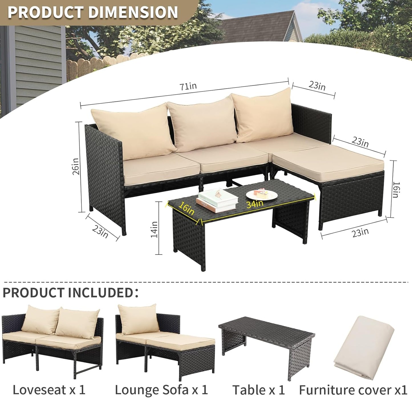 3-Piece Outdoor PE Rattan Furniture Set Patio Black Wicker Conversation Loveseat Sofa Sectional Couch Khaki Cushion