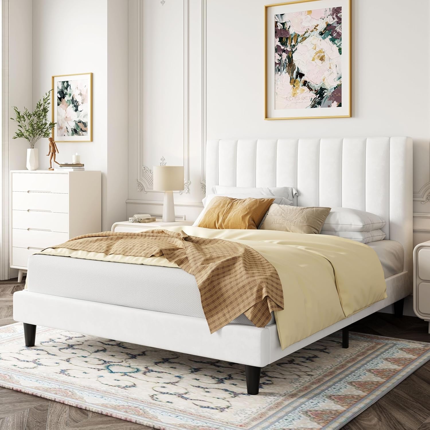 Full Bed Frame/Velvet Upholstered Bed Frame with Vertical Channel Tufted Headboard/Strong Wooden Slats/Platform Bed Frame/Mattress Foundation/Box Spring Optional/Easy Assembly/White