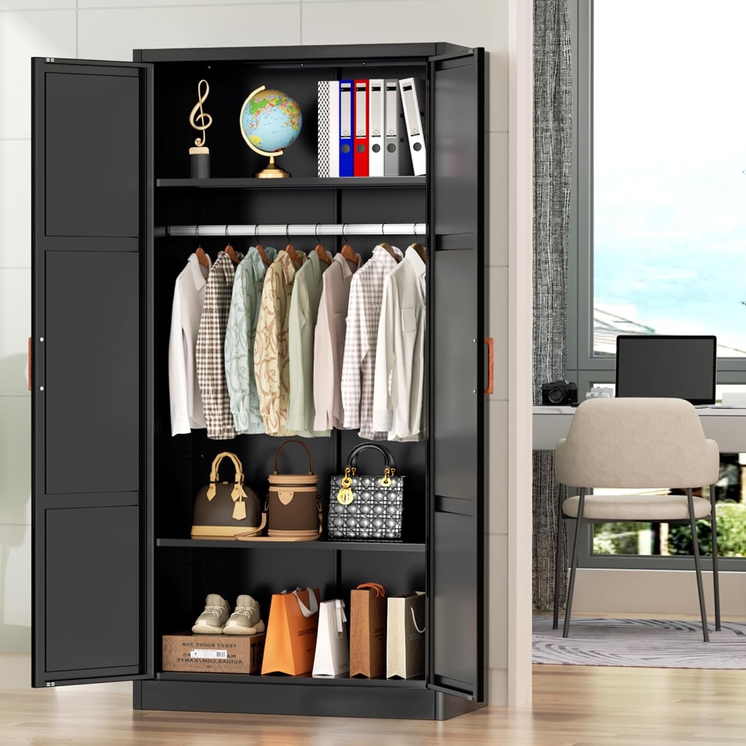 Metal Wardrobe Cabinet with Wooden Handle, 72" Black Metal Wardrobe Closet with Hanging Rods and Adjustable Shelves, Clothing Storage Closet Cabinet for Bedroom, Cloak Room, Laundry Room