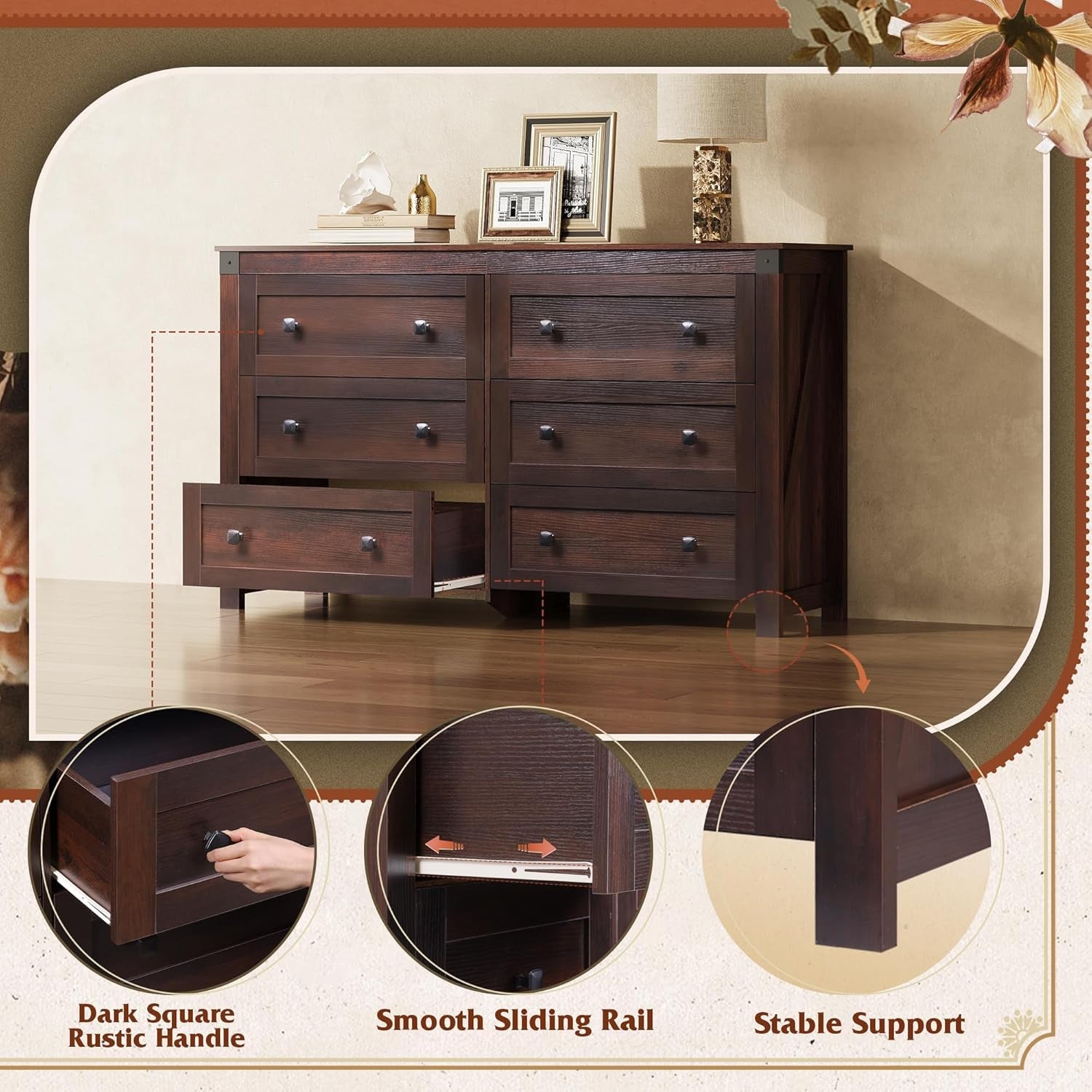 Farmhouse 6 Drawer Dresser for Bedroom, 53.07'' Wide Wood Dresser, Storage Organizer with Double Rustic Handle, TV Stand for 60 Inch TV, Chest of Drawers for Living Room, Hallway, Brown