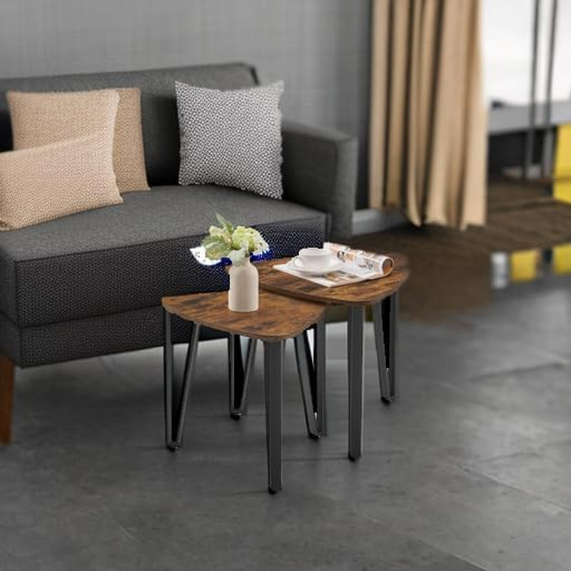 Nesting Coffee Tables, End Tables Set of 2 for Living Room Bedroom, Industrial Small Stacking Side Tables with Metal Frame for Couch, Rustic Brown and Black ULET013B01