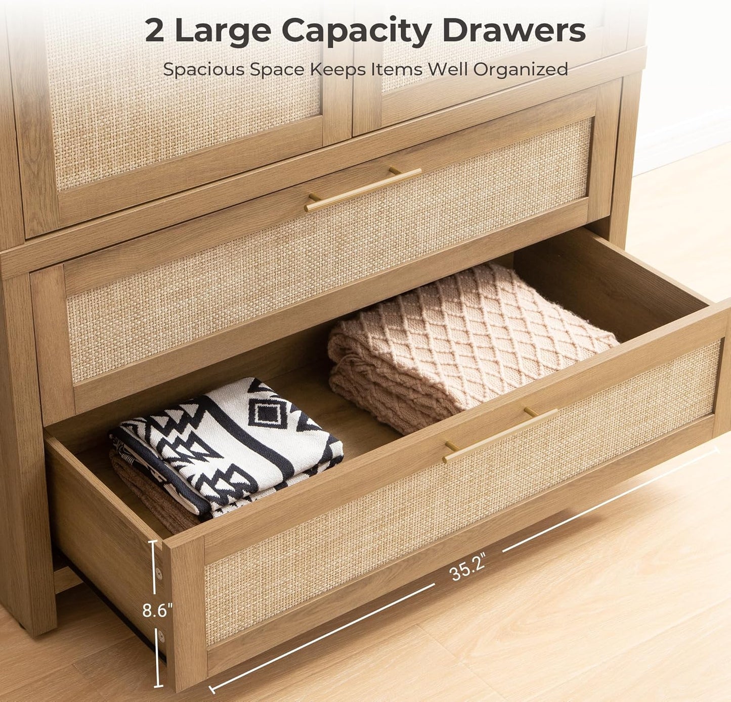 Rattan Armoire Wardrobe Closet Cabinet, 71" Tall Wardrobe Storage Cabinet with 2 Drawers and Hanging Rod, Boho Large-Capacity Deep Armoire Clothes Organizer for Bedroom, Cloak Room, Oak