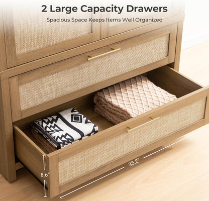 Rattan Armoire Wardrobe Closet Cabinet, 71" Tall Wardrobe Storage Cabinet with 2 Drawers and Hanging Rod, Boho Large-Capacity Deep Armoire Clothes Organizer for Bedroom, Cloak Room, Oak