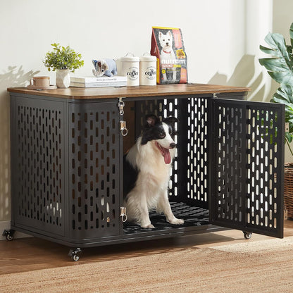43.7" Dog Crate Furniture with Wheels, Indoor Heavy Duty Dog Kennel with Flip Top & Cushion for Medium Dogs, Escape-Proof and Chew-Proof Pet Cage for High Anxiety Pet, Decorate as TV Stand