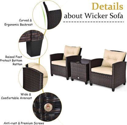 3 Pieces Patio Furniture Set, PE Rattan Wicker 3 Pcs Outdoor Sofa Set W/Washable Cushion and Tempered Glass Tabletop, Conversation Furniture for Garden Poolside Balcony (Beige)
