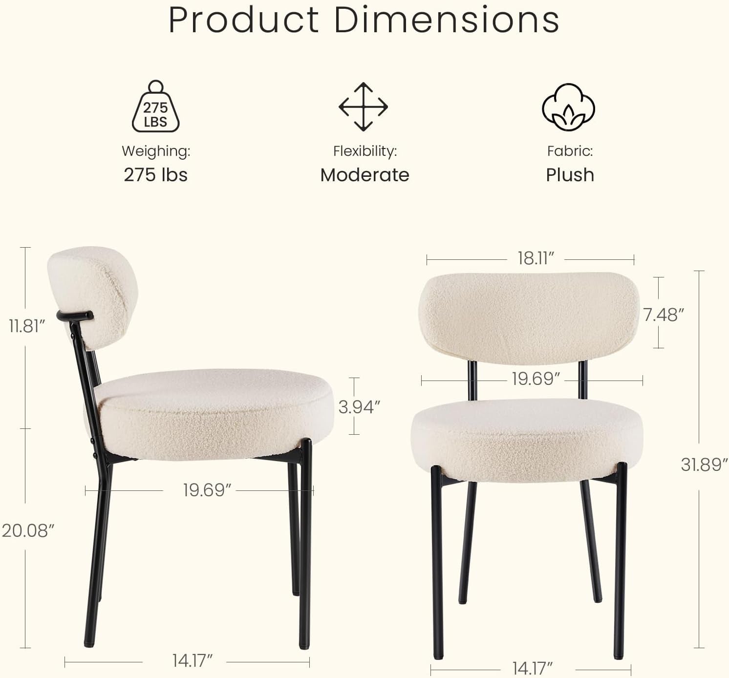 Dining Chairs Set of 4, Mid Century Modern Chair round Upholstered Curved Backrest, Kitchen Vanity Living Room Chairs with Black Metal Legs，Light Beige