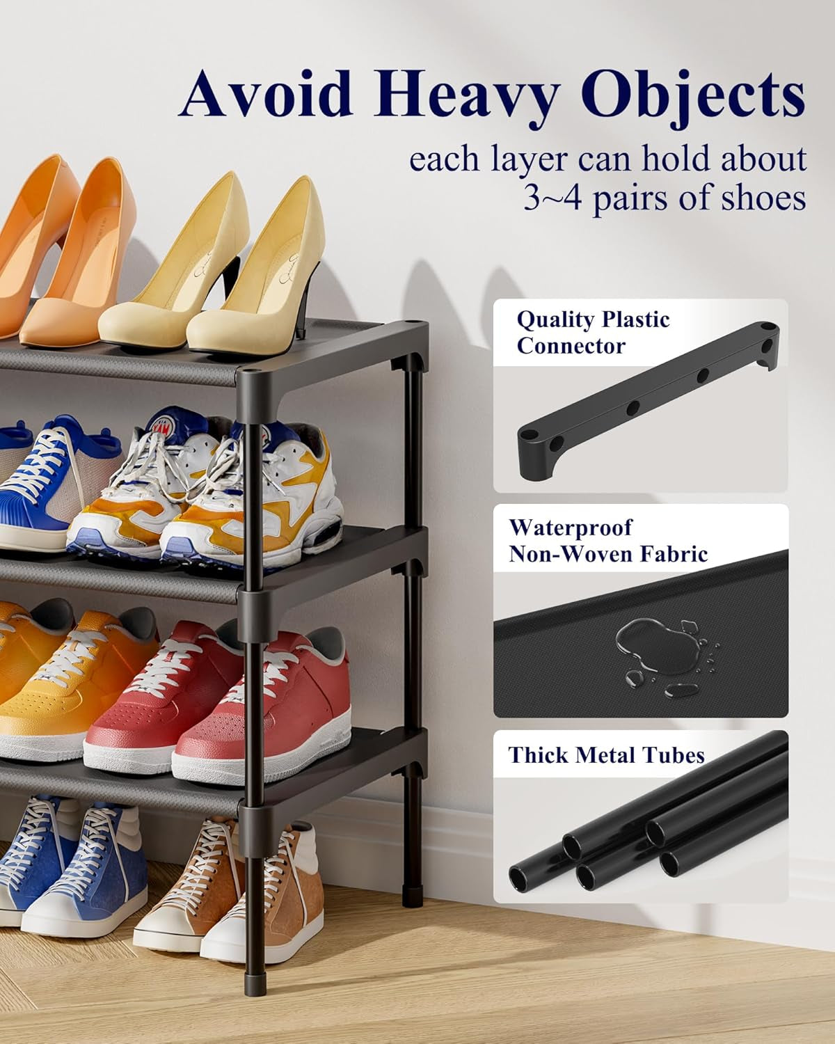 Shoe Rack - Non-Woven Shoe Rack Shelf, Shoe Organizer for Closet, Entryway, Garage & Corridor, Stackable Shoe Shelves, 27.5" Wide - 3 Tier, Black