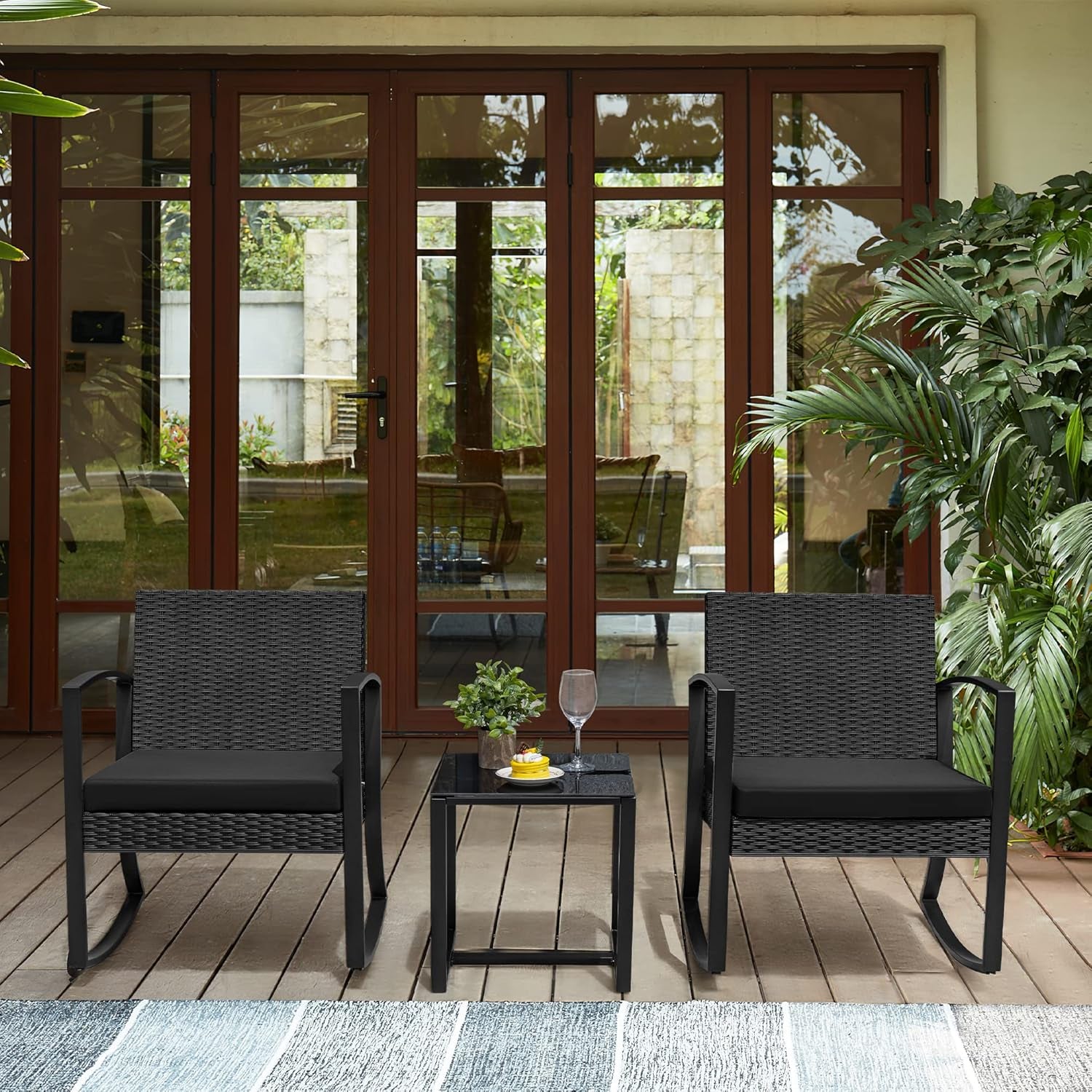 3 Pieces Outdoor Furniture Set Patio Bistro Rocking Chairs with Glass Coffee Table for Pool Beach Backyard Balcony Porch Deck Garden, Dark Black