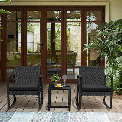 3 Pieces Outdoor Furniture Set Patio Bistro Rocking Chairs with Glass Coffee Table for Pool Beach Backyard Balcony Porch Deck Garden, Dark Black
