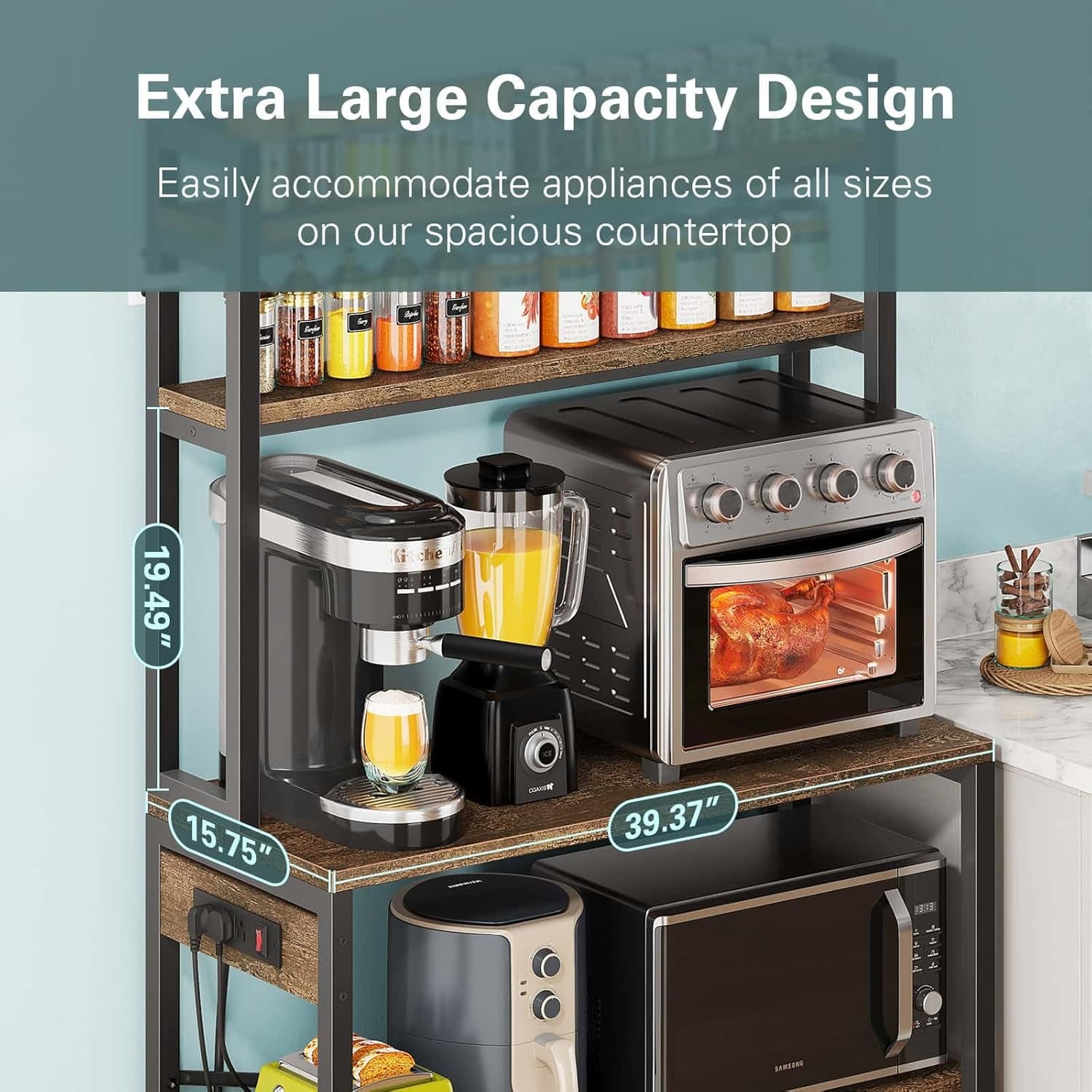 Large Bakers Rack with Power Outlets, 38 Inch Microwave Stand with Storage, 5-Tier Coffee Bar Stand, Industrial Kitchen Shelf Rack, Rustic Brown