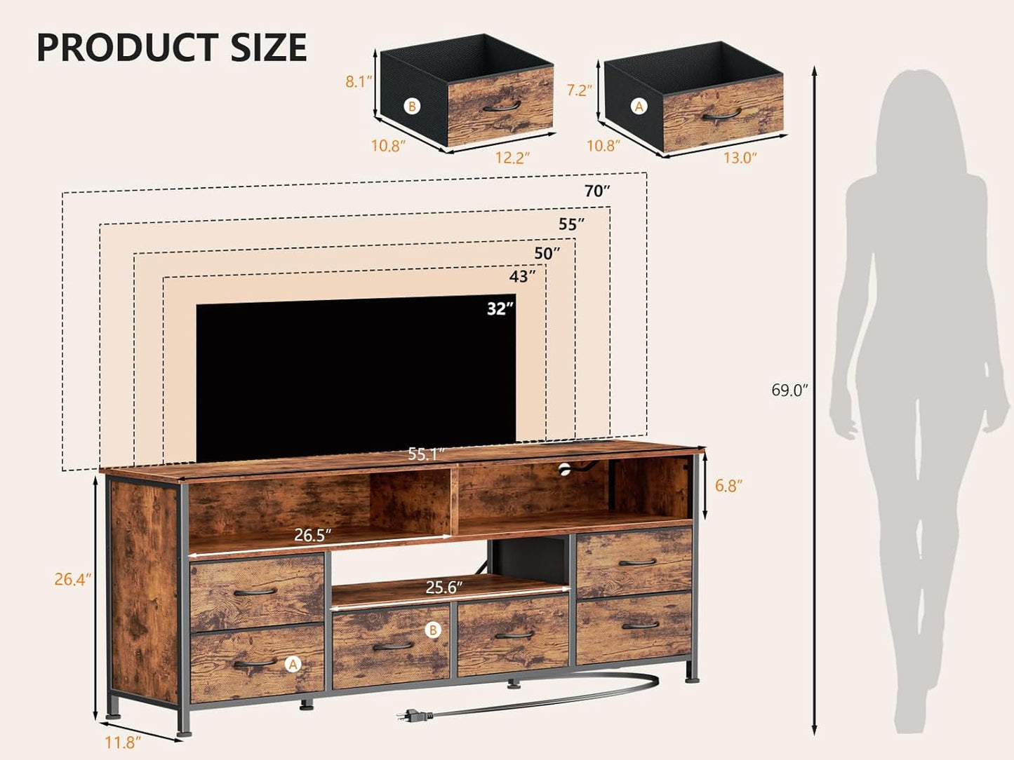 55" LED TV Stand for Bedroom with Power Outlets, Entertainment Center with 6 Fabric Drawers for 50/55/60 Inch Tvs, Dresser TV Stand Long Console Media Table for Living Room, Rustic Brown