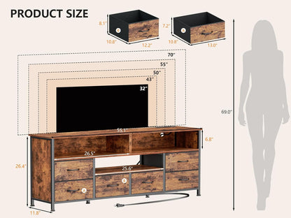 55" LED TV Stand for Bedroom with Power Outlets, Entertainment Center with 6 Fabric Drawers for 50/55/60 Inch Tvs, Dresser TV Stand Long Console Media Table for Living Room, Rustic Brown