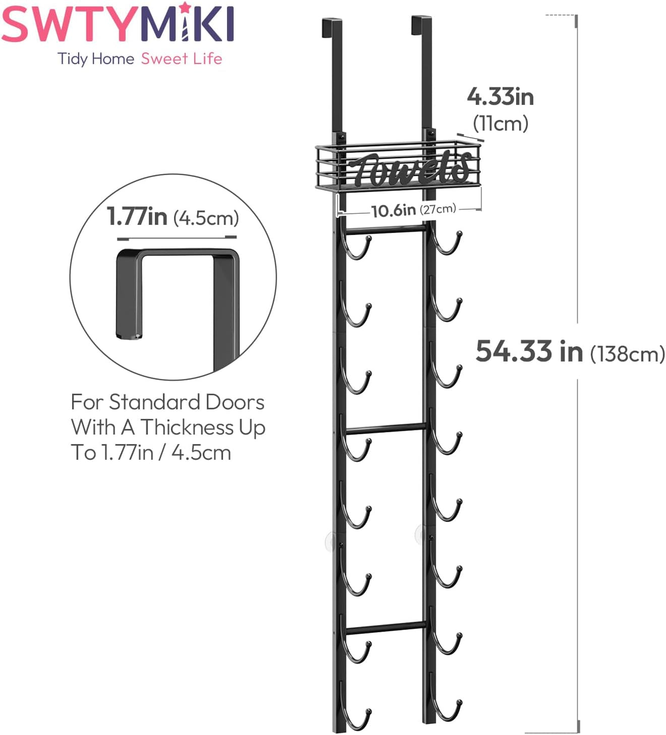 Hanging Towel Racks for Bathroom - 9 Tier over the Door & Wall Mounted Bath Rolled Towel Storage Organizer Holder for Small Bathroom, RV, Camper, Black (Patented)