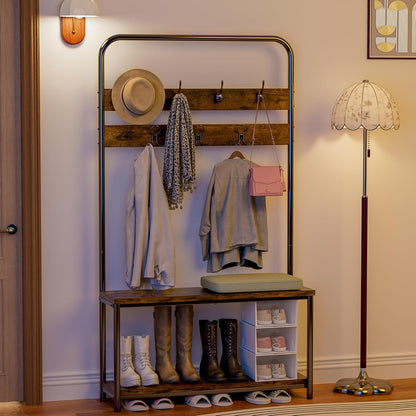 Hall Tree with Shoe Bench & Storage, Industrial Coat Rack Entryway Organizer, 7 Hooks with 10 Hanging Points, Rustic Brown, 39.9"X11.9"X72"