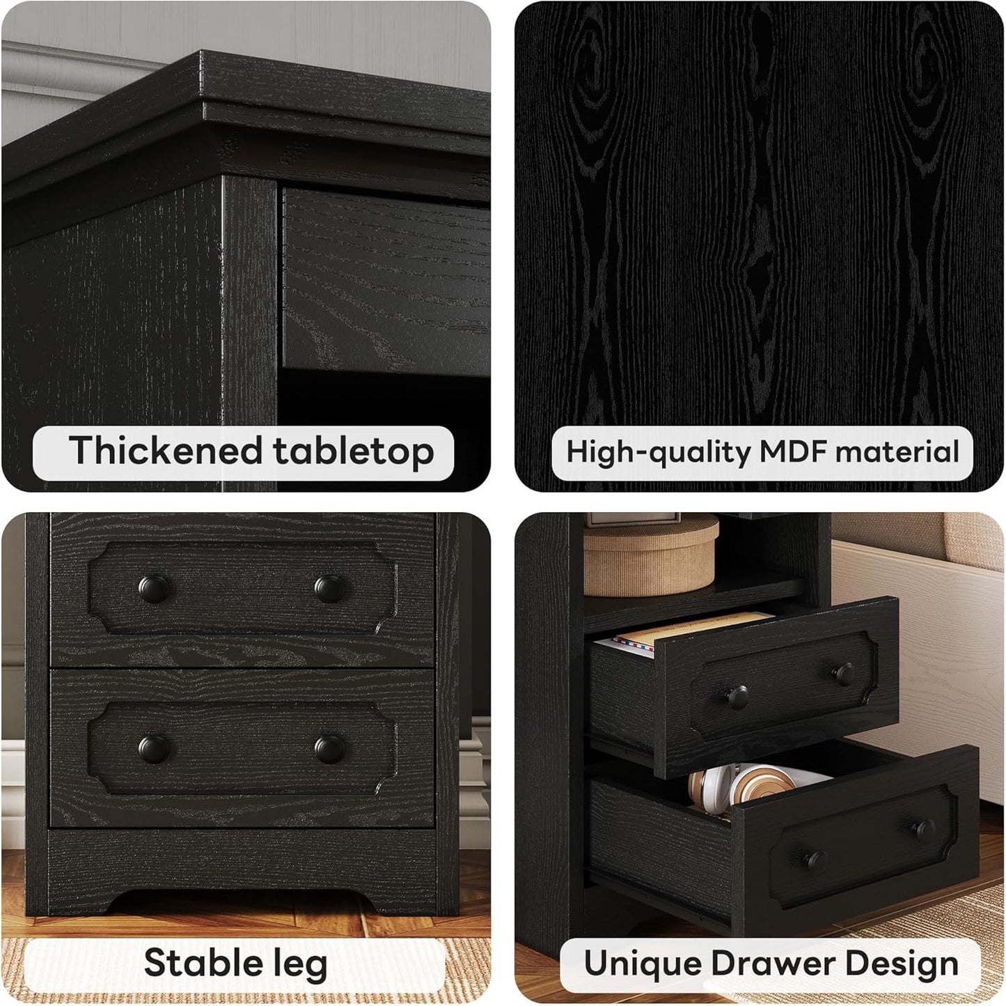 Night Stand, Modern Bedside Table with 2 Drawers, Open Shelf, End Table with Pull-Out Tray, Wood Sidetable, Black