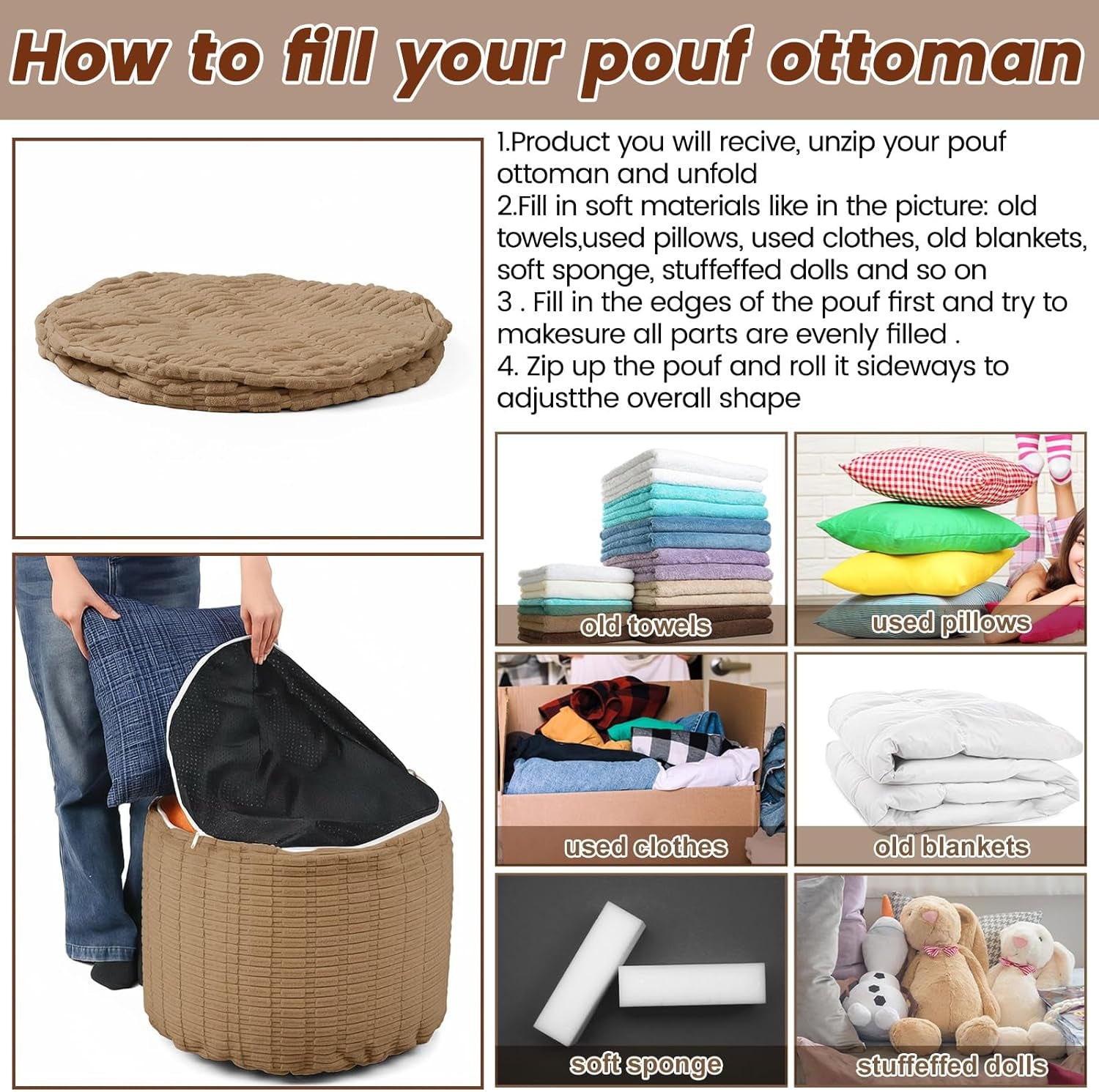 2 Pcs 20 X 15 Inch Unstuffed Ottoman Pouf Cover Corduroy Foot Rest - No Filler, Striped Foot Stool Floor Bean Bag Floor Chair Storage for Modern Farmhouse Bedroom Home Decor (Light Brown)