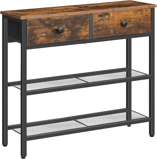 29.5" Narrow Console Table with 2 Fabric Drawers, Sofa Table, Small Entryway Table with 3-Tier Storage Shelves, behind Couch Table, for Living Room, Hallway, Rustic Brown and Black BF72XG01