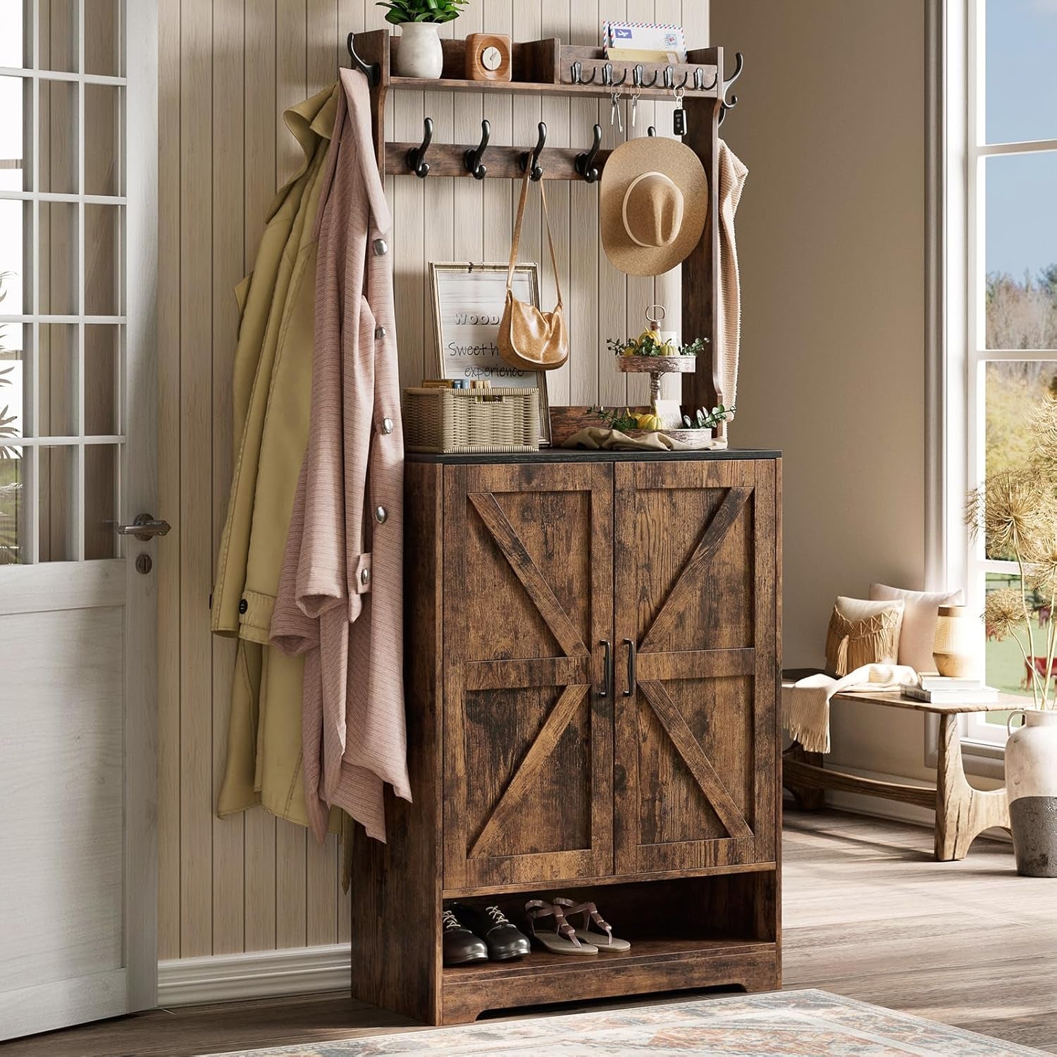 Farmhouse Hall Tree with Shoe Storage Cabinet, Shoe Cabinet with 14 Coat Hooks & Doors, Coat Rack Cabinet with 6 Tier Shoe Storage Organizer for Hallway, Entryway,Rustic Brown