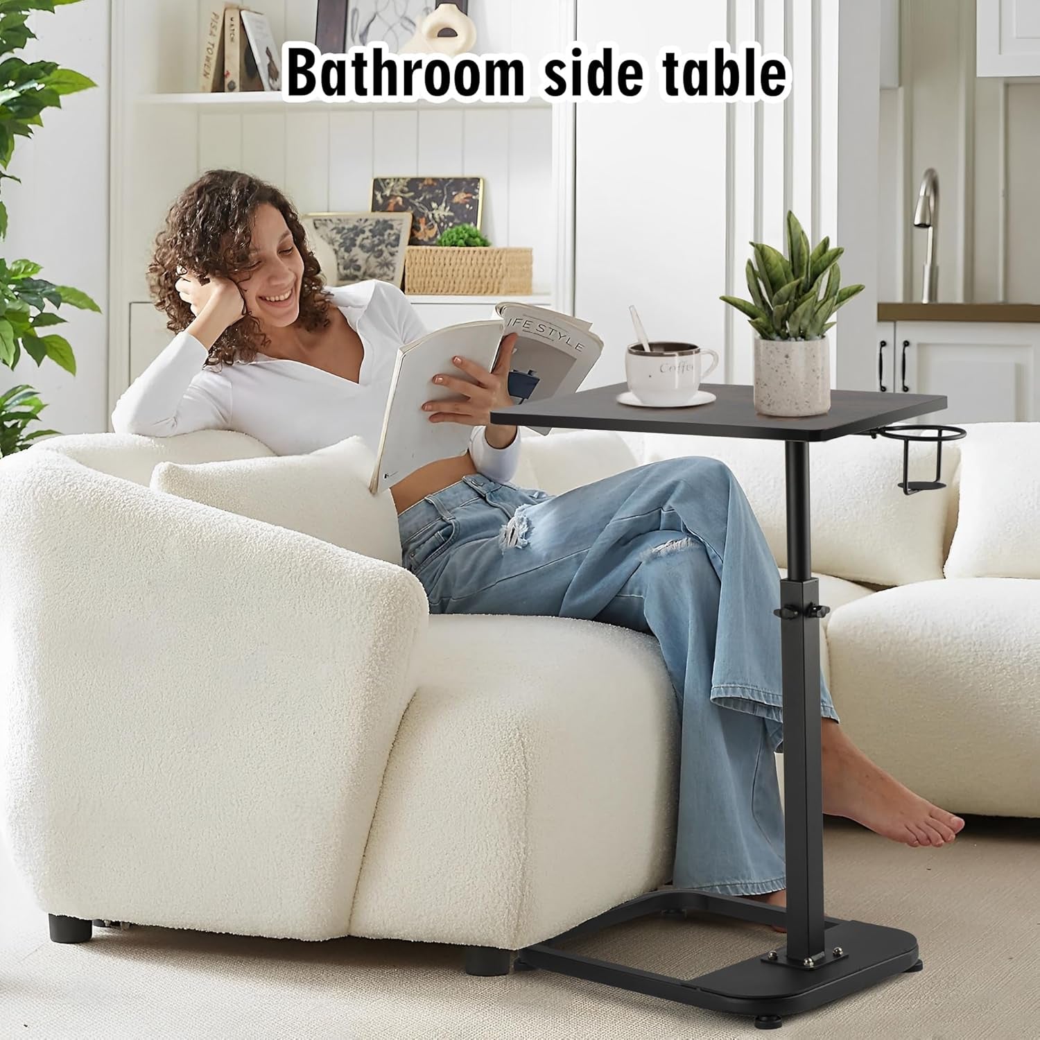 Adjustable TV Tray Table with Rounded Metal Corners, C-Shaped Snack Table for Couch, Sofa, Bed or Chair, Small Space Side Table for Eating, Dinner, or Laptop Use