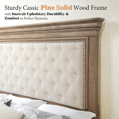 68.1" H King Size Bed Frame with Upholstered Headboard, Solid Wood Farmhouse Platform Bed, Architectural Design, No Box Spring Needed, Light Oak