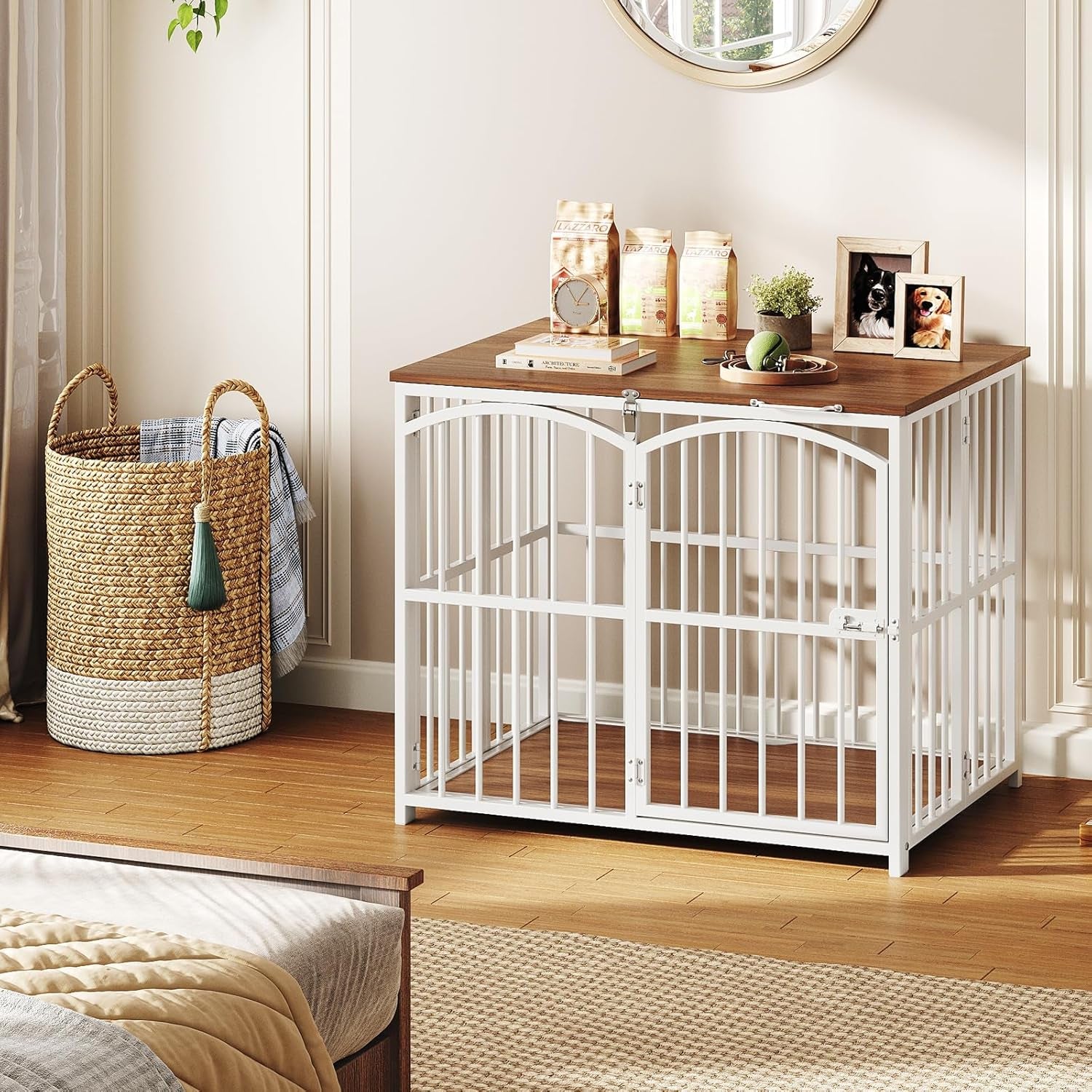 Foldable Dog Crate Furniture, 31.5" Indoor Dog Kennel No Assembly, Wooden Dog Cage Decorative Side End Table, for Medium Small Dogs, White and Walnut WH86GW03