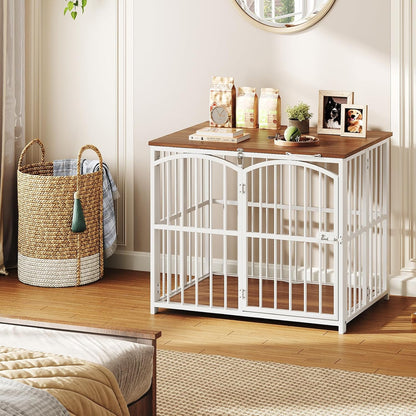 Foldable Dog Crate Furniture, 31.5" Indoor Dog Kennel No Assembly, Wooden Dog Cage Decorative Side End Table, for Medium Small Dogs, White and Walnut WH86GW03
