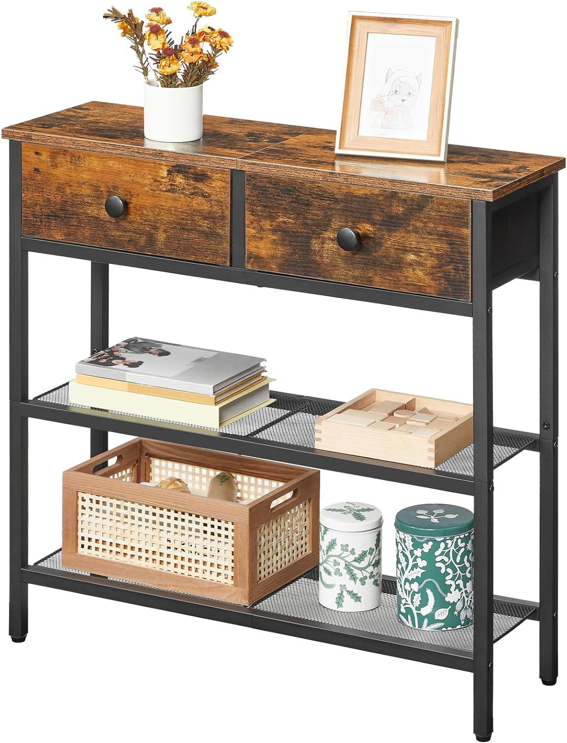 29.5" Narrow Console Table with 2 Fabric Drawers, Sofa Table, Small Entryway Table with 3-Tier Storage Shelves, behind Couch Table, for Living Room, Hallway, Rustic Brown and Black BF72XG01