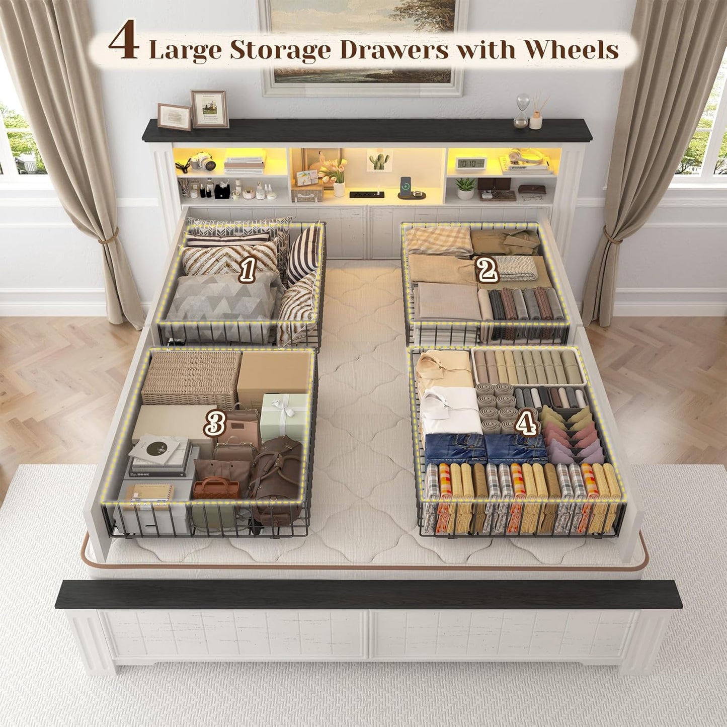 Queen Bed Frame with Headboard and Storage, 4 Drawers and LED Built in Charging Station Bed Frame Queen Size with Storage Farmhouse, NO Noise,No Box Spring Needed, White