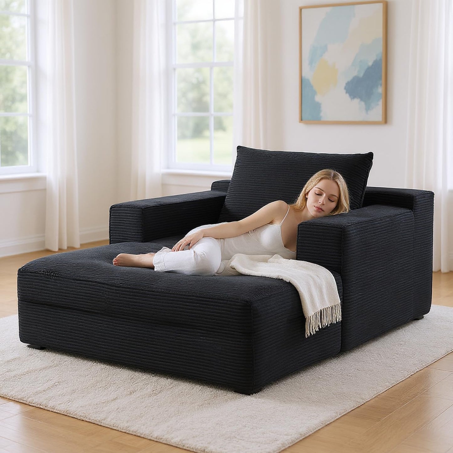 67" Oversized Chise Lounge Chir Indoor, Corduroy Cloud Couch with 3 Pillows, Deep Set Sleeper Sof, No ssembly Required, Comfy Reding Chir for Living Room/Bedroom (Blck)