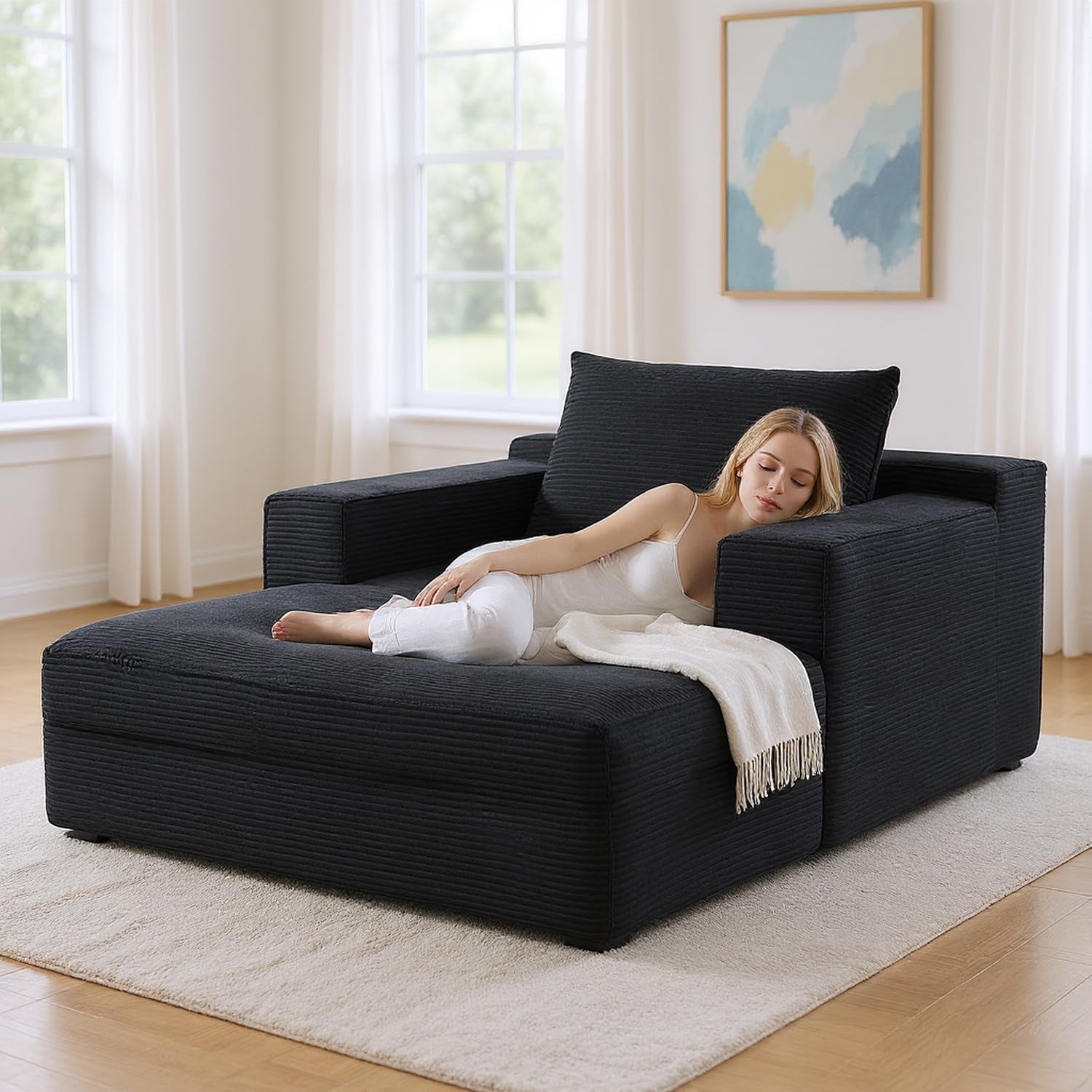 67" Oversized Chise Lounge Chir Indoor, Corduroy Cloud Couch with 3 Pillows, Deep Set Sleeper Sof, No ssembly Required, Comfy Reding Chir for Living Room/Bedroom (Blck)