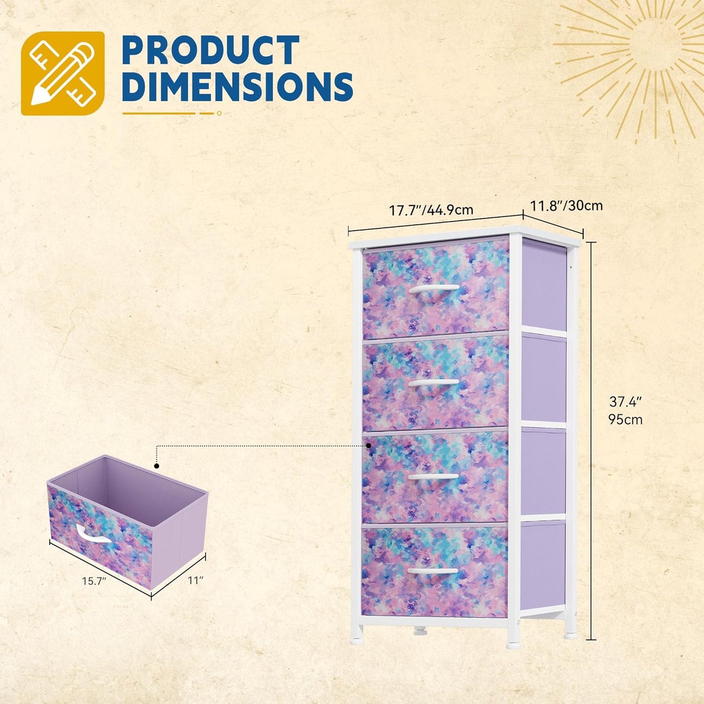 Dresser with 4 Drawers - Storage Tower Unit, Dresser for Room, Living Room, Closets - Sturdy Steel Frame, Wooden Top & Easy Pull Fabric Bins,Purple