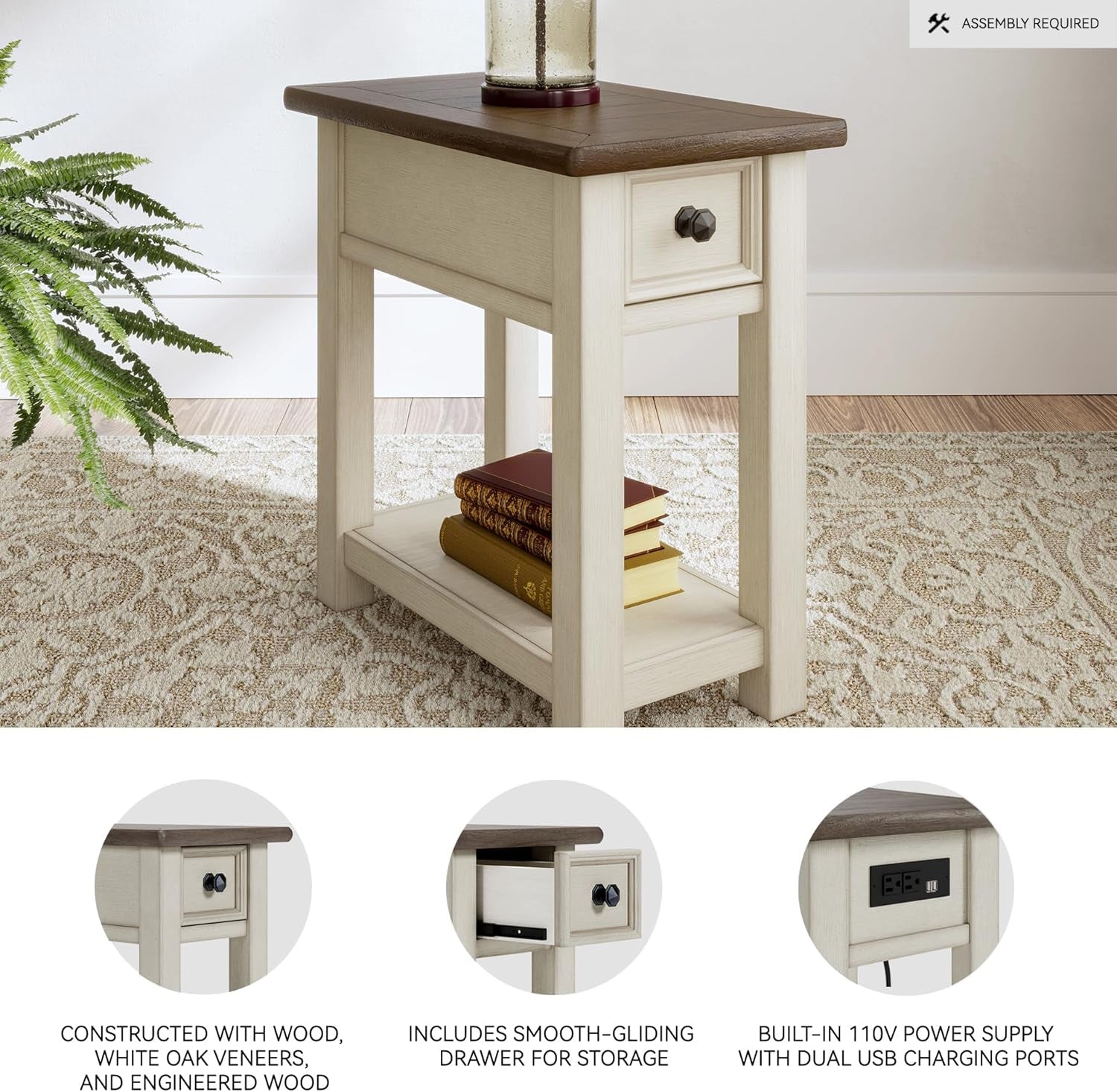 Bolanburg Chairside End Table with Charging Station, Two-Tone Wood Accent Table with Drawer Storage, Plank Top Design for Living Room or Bedroom, Antique White