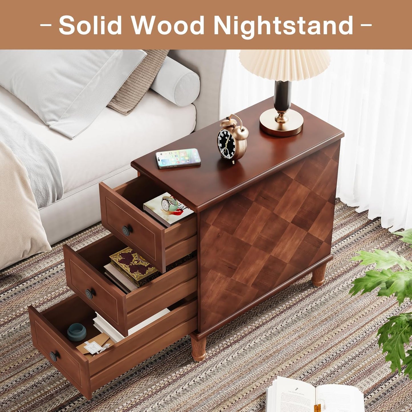 Solid Wood End Table, Fully Assembled Narrow Side Table with Drawers, Pre-Assembled Nightstand Slim Bedside Table for Small Spaces, Living Room, Bedroom, Walnut