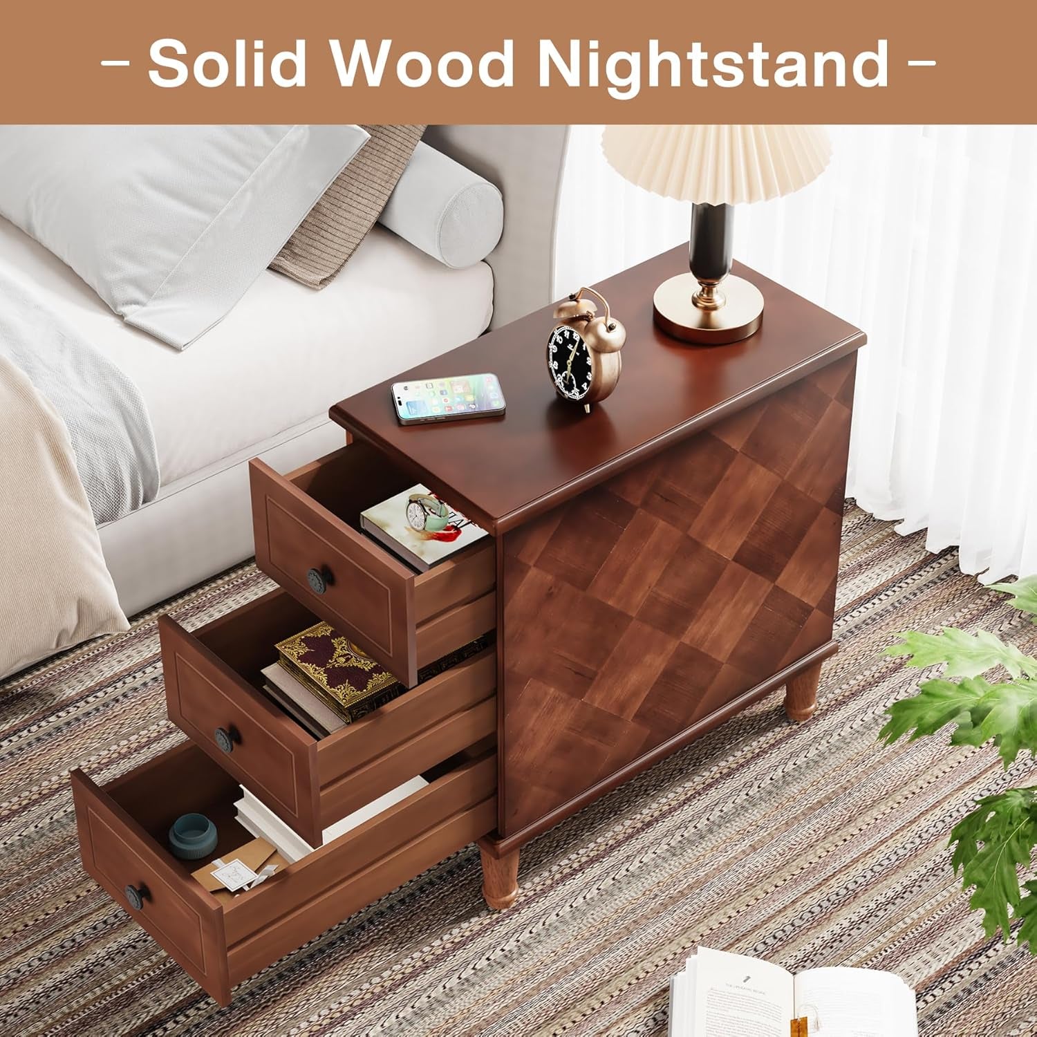 Solid Wood End Table, Fully Assembled Narrow Side Table with Drawers, Pre-Assembled Nightstand Slim Bedside Table for Small Spaces, Living Room, Bedroom, Walnut