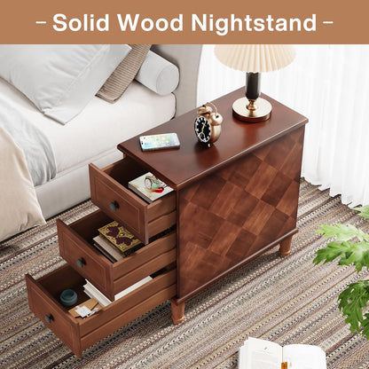 Solid Wood End Table, Fully Assembled Narrow Side Table with Drawers, Pre-Assembled Nightstand Slim Bedside Table for Small Spaces, Living Room, Bedroom, Walnut