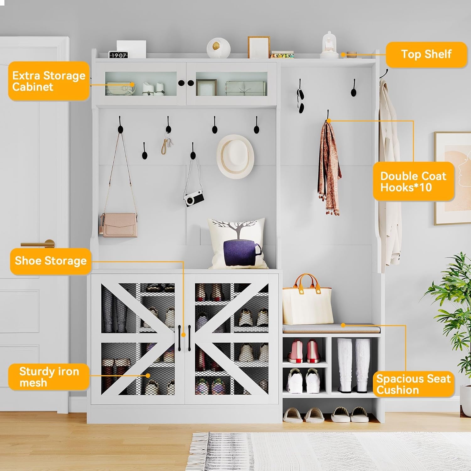 Farmhouse Hall Tree with Shoe Storage & Coat Rack Entryway Organizer with 18 Adjustable Shoe Cubbies 12 Hooks White Shoe Cabinet for Hallway